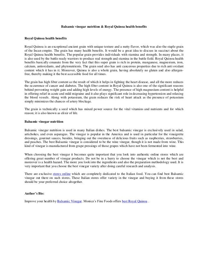 Balsamic vinegar nutrition & Royal Quinoa health benefits