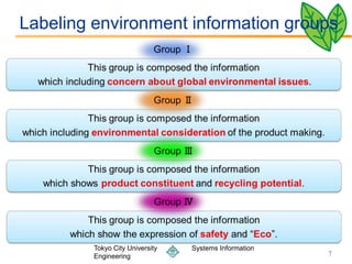 Labeling environment information groups




         Tokyo City University   Systems Information
         Engineering                                   7
 