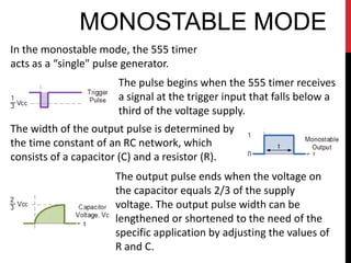 MONOSTABLE MODE
In the monostable mode, the 555 timer
acts as a “single" pulse generator.
                      The pulse begins when the 555 timer receives
                      a signal at the trigger input that falls below a
                      third of the voltage supply.
The width of the output pulse is determined by
the time constant of an RC network, which
consists of a capacitor (C) and a resistor (R).
                      The output pulse ends when the voltage on
                      the capacitor equals 2/3 of the supply
                      voltage. The output pulse width can be
                      lengthened or shortened to the need of the
                      specific application by adjusting the values of
                      R and C.
 
