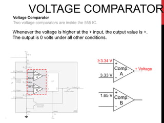 VOLTAGE COMPARATOR
Whenever the voltage is higher at the + input, the output value is +.
The output is 0 volts under all other conditions.
 