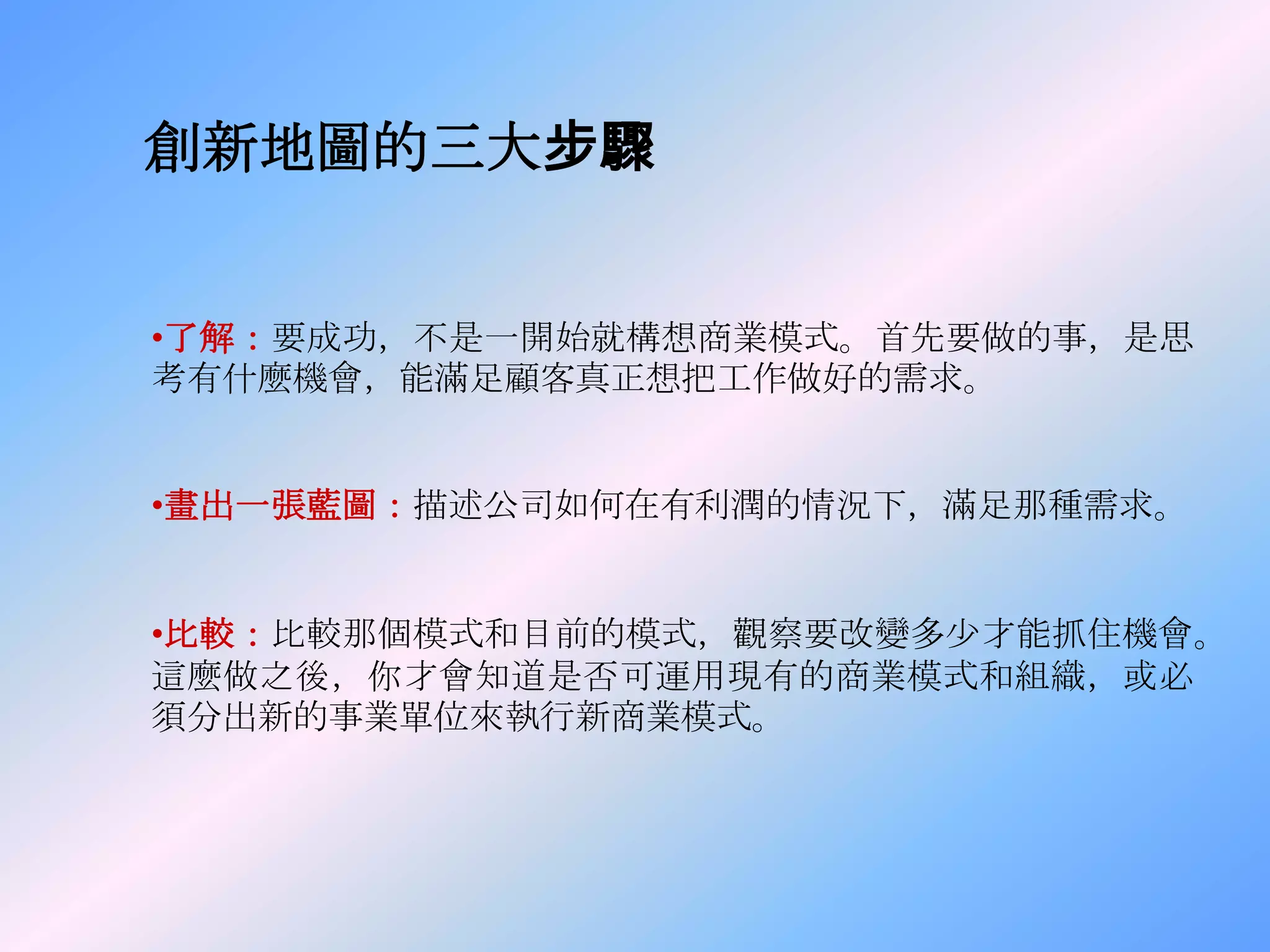 創新地圖的三大步驟


•了解：要成功，不是一開始就構想商業模式。首先要做的事，是思
考有什麼機會，能滿足顧客真正想把工作做好的需求。


•畫出一張藍圖：描述公司如何在有利潤的情況下，滿足那種需求。


•比較：比較那個模式和目前的模式，觀察要改變多少才能抓住機會。
這麼做之後，你才會知道是否可運用現有的商業模式和組織，或必
須分出新的事業單位來執行新商業模式。
 