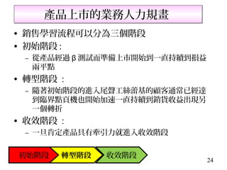 產品上市的業務人力規畫
• 銷售學習流程可以分為三個階段
• 初始階段 :
 – 從產品經過 β 測試而準備上市開始到一直持續到損益
   兩平點
• 轉型階段 :
 – 隨著初始階段的進入尾聲工絲蕾基的顧客通常已經達
   到臨界點頁機也開始加速一直持續到銷貨收益出現另
   一個轉折
• 收效階段 :
 – 一旦肯定產品具有牽引力就進入收效階段


初始階段   轉型階段   收效階段
                               24
 