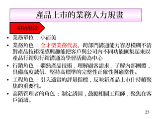 產品上市的業務人力規畫
  初始階段
• 業務單位 : 小而美
• 業務角色 : 全才型業務代表，跨部門溝通能力容忍模糊不清
  對產品技術深感興趣能把客戶與公司內不同功能匯集起來以
  產品行銷與行銷溝通為學習活動為中心
• 行銷角色 : 嫻熟產品技術，理解顧客需求，了解內部團體，
  具備高度誠信，堅持高標準的完整性正確性與適當性。
• 工程角色 : 引入適當的評量指標，反映新產品上市什持續聚
  焦的重要性。
• 高階管理者的角色 : 制定誘因，鼓勵相關工程師，聚焦在客
  戶領域。

                            25
 