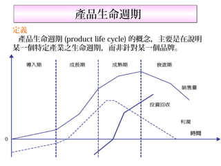 產品生命週期
定義
 產品生命週期 (product life cycle) 的概念，主要是在說明
某一個特定產業之生命週期，而非針對某一個品牌。




                                          6
 