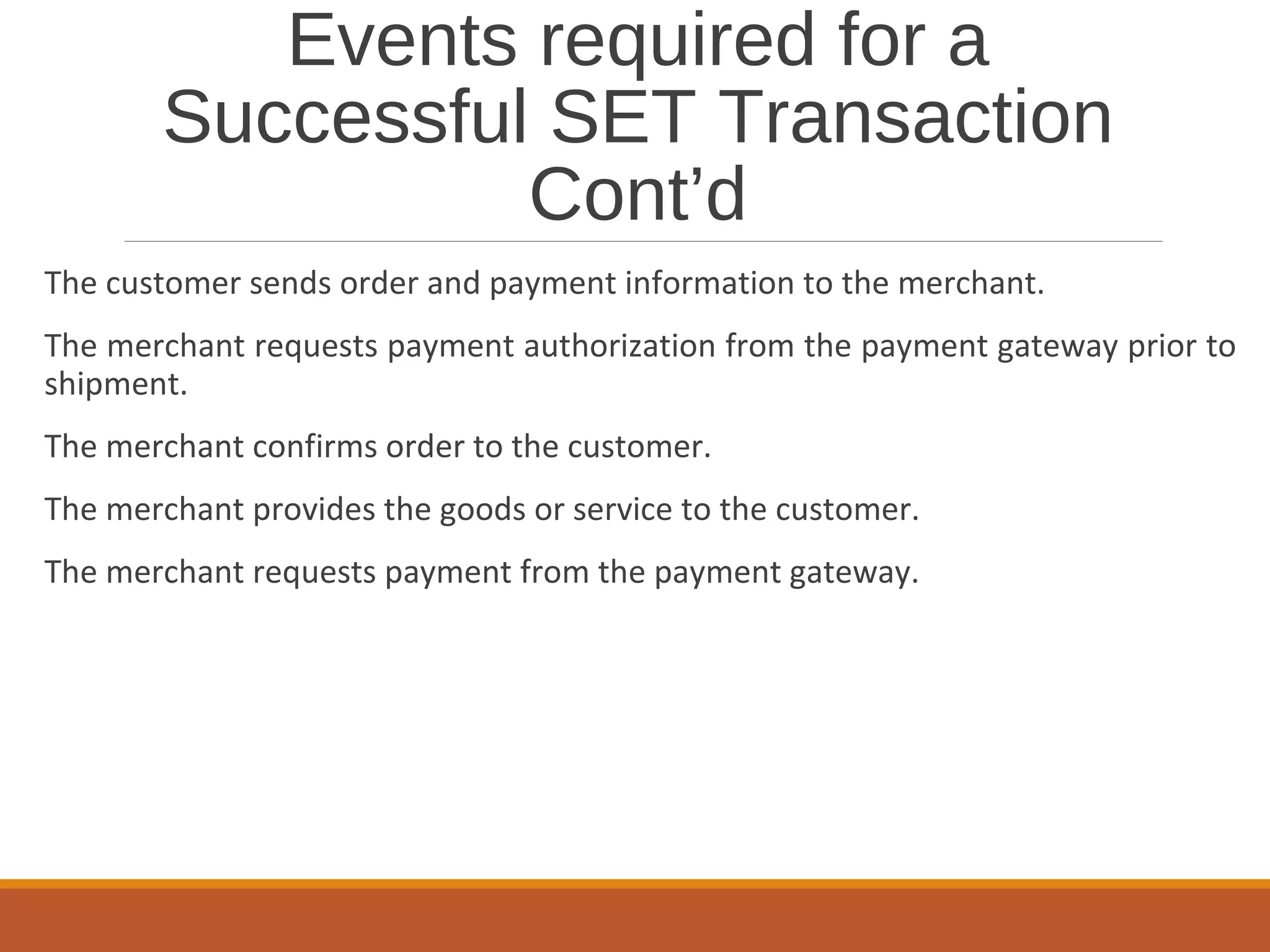 Events required for a
Successful SET Transaction
Cont’d
The customer sends order and payment information to the merchant.
The merchant requests payment authorization from the payment gateway prior to
shipment.
The merchant confirms order to the customer.
The merchant provides the goods or service to the customer.
The merchant requests payment from the payment gateway.
 