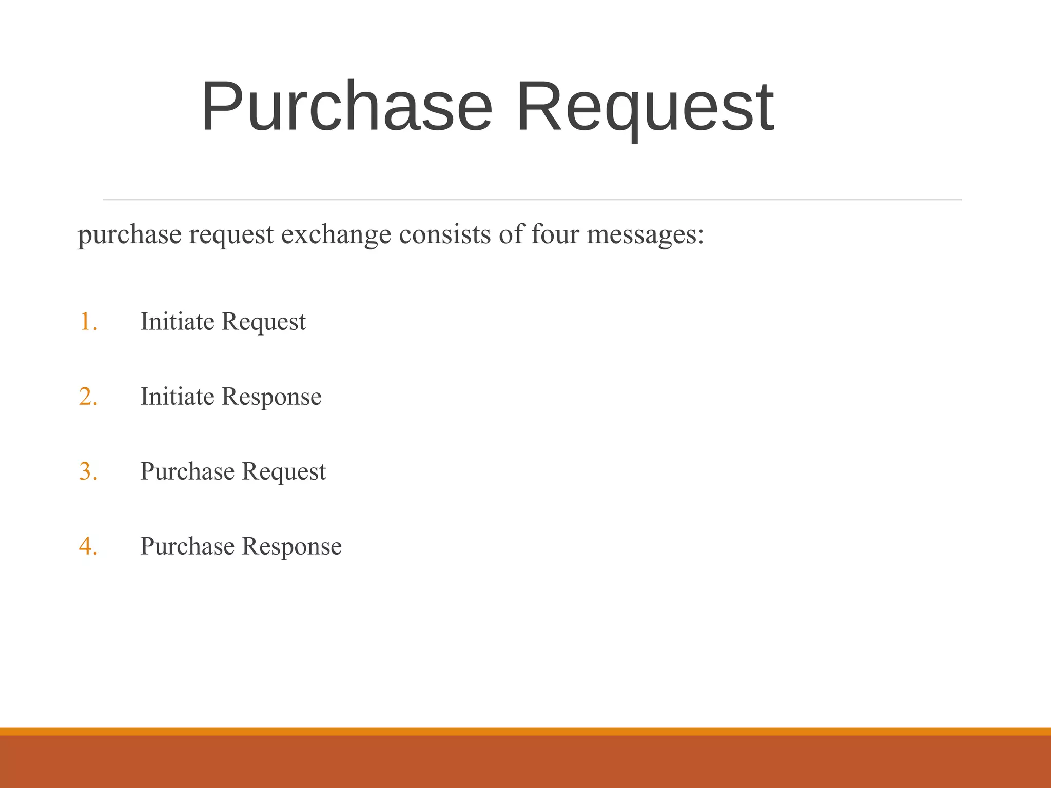 purchase request exchange consists of four messages:
1. Initiate Request
2. Initiate Response
3. Purchase Request
4. Purchase Response
Purchase Request
 