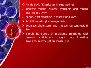 An ideal AMPK activator is expected to:
 increase muscle glucose transport and muscle
insulin sensitivity
 enhance fat oxidation in muscle and liver
 inhibit hepatic gluconeogenesis
 decrease cholesterol and triglyceride synthesis in
liver
 should be devoid of problems associated with
present antidiabetic drugs (gastrointestinal
problem, body weight increase, etc.)
17
 