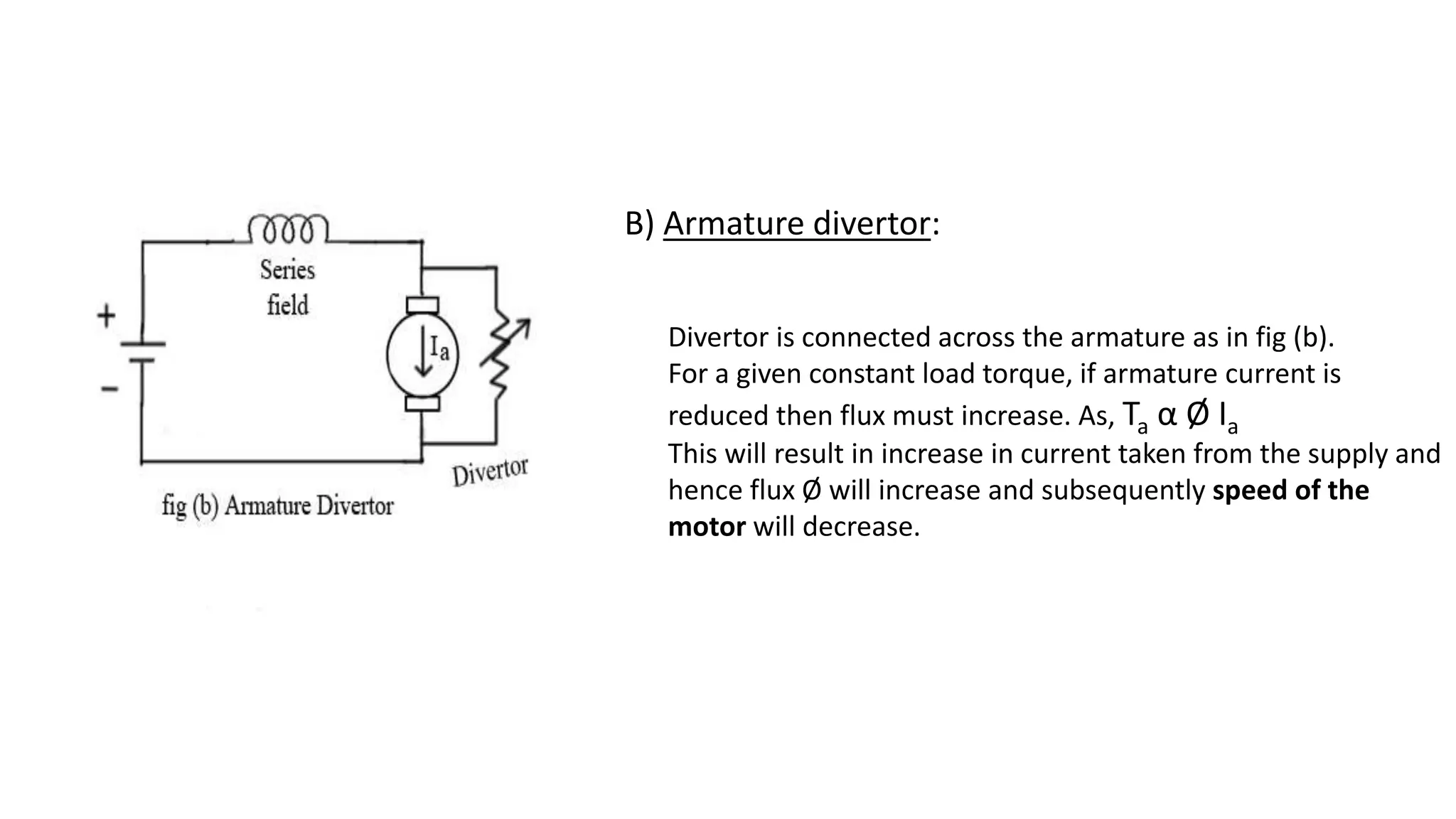 B) Armature divertor:
Divertor is connected across the armature as in fig (b).
For a given constant load torque, if armature current is
reduced then flux must increase. As, Ta α Ø Ia
This will result in increase in current taken from the supply and
hence flux Ø will increase and subsequently speed of the
motor will decrease.
 