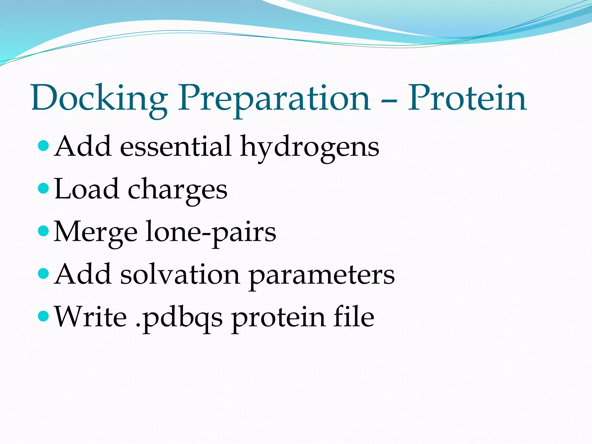 Docking Preparation – Protein
Add essential hydrogens
Load charges
Merge lone-pairs
Add solvation parameters
Write .pdbqs protein file
 
