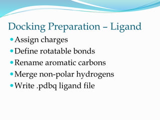 Docking Preparation – Ligand
Assign charges
Define rotatable bonds
Rename aromatic carbons
Merge non-polar hydrogens
Write .pdbq ligand file
 