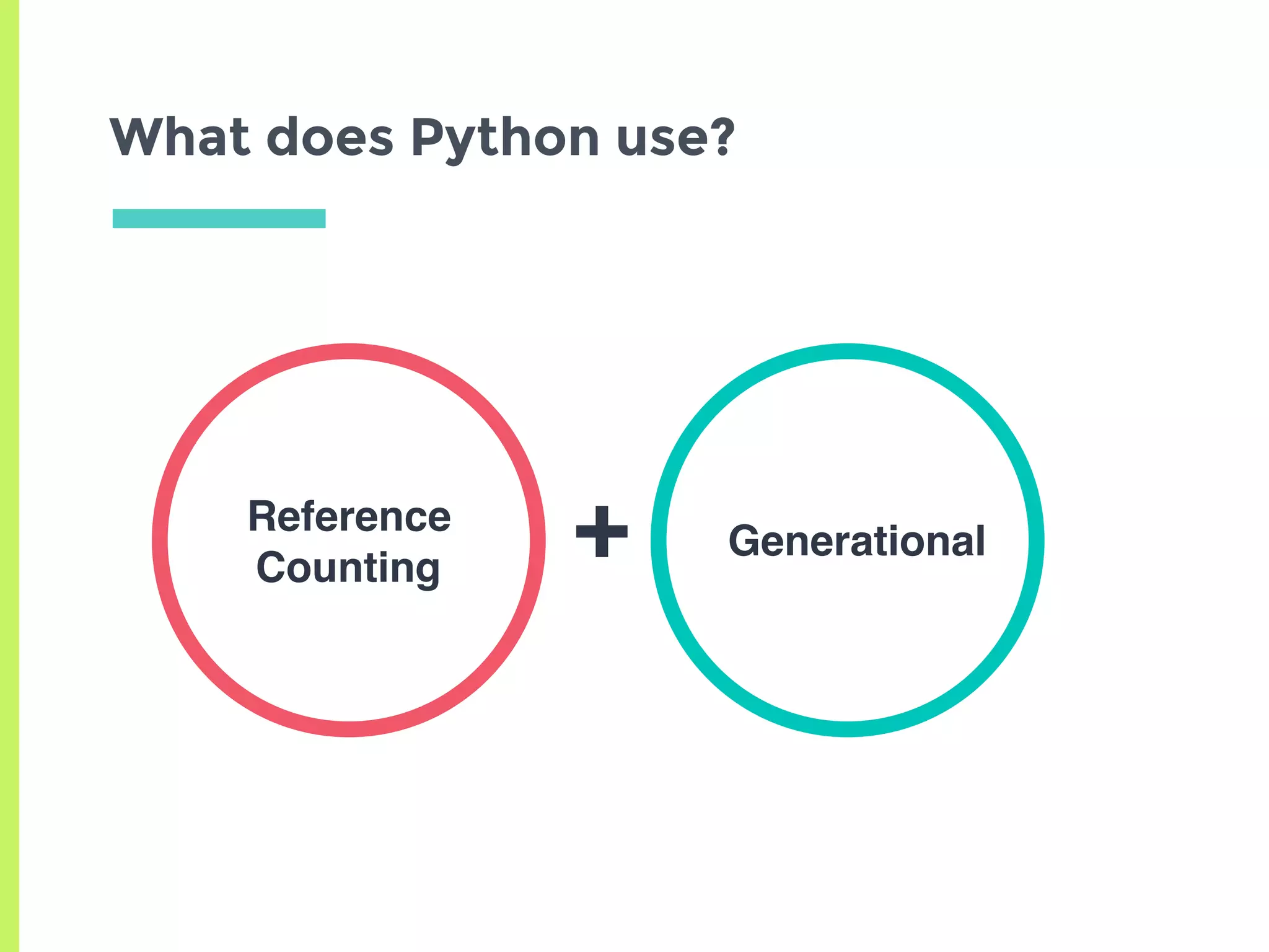 What does Python use?
Reference
Counting
Generational+
 