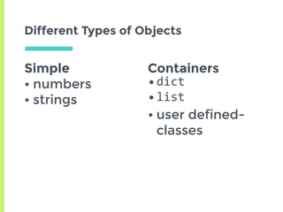 Simple
• numbers
• strings
Different Types of Objects
Containers
•dict	
•list	
• user defined-
classes
 