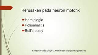 Kerusakan pada neuron motorik
Hemiplegia
Poliomielitis
Bell’s palsy
Sumber : Pearce Evelyn C, Anatomi dan fisiologi untuk paramedis
 