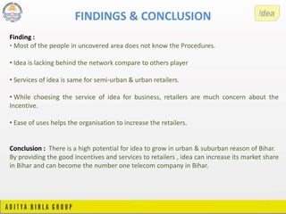 FINDINGS & CONCLUSION
Finding :
• Most of the people in uncovered area does not know the Procedures.
• Idea is lacking behind the network compare to others player
• Services of idea is same for semi-urban & urban retailers.
• While choosing the service of idea for business, retailers are much concern about the
Incentive.
• Ease of uses helps the organisation to increase the retailers.
Conclusion : There is a high potential for idea to grow in urban & suburban reason of Bihar.
By providing the good incentives and services to retailers , idea can increase its market share
in Bihar and can become the number one telecom company in Bihar.
 