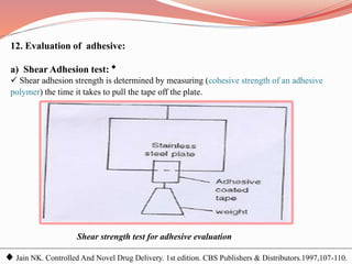 12. Evaluation of adhesive:
a) Shear Adhesion test:
 Shear adhesion strength is determined by measuring (cohesive strength of an adhesive
polymer) the time it takes to pull the tape off the plate.
Shear strength test for adhesive evaluation
Jain NK. Controlled And Novel Drug Delivery. 1st edition. CBS Publishers & Distributors.1997,107-110.
 