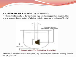  Cylinder modified USP Basket: * (USP apparatus 6)
 This method is similar to the USP basket type dissolution apparatus, except that the
system is attached to the surface of a hollow cylinder immersed in medium at 32 ±5°C.
* Shinde et al. Recent Advances In Transdermal Drug Delivery System. Journal Of Pharmacy Research.
2012; 5(1):447-456.
 