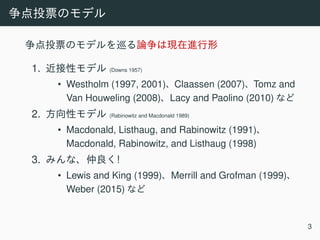 1. (Downs 1957)
• Westholm (1997, 2001) Claassen (2007) Tomz and
Van Houweling (2008) Lacy and Paolino (2010)
2. (Rabinowitz and Macdonald 1989)
• Macdonald, Listhaug, and Rabinowitz (1991)
Macdonald, Rabinowitz, and Listhaug (1998)
3. !
• Lewis and King (1999) Merrill and Grofman (1999)
Weber (2015)
3
 