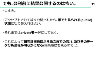 でも､公刊前に結果公開するのは怖い｡
• 大丈夫｡
• アクセプトされて論文公開されたら､誰でも見られる(public)
状態に切り替えればよい｡
• それまではprivateモードにしておく｡
• これによって研究計画段階から論文までの流れ､及びそのデー
タ分析過程が明らかになる(編集履歴も残るので...)｡
11
 