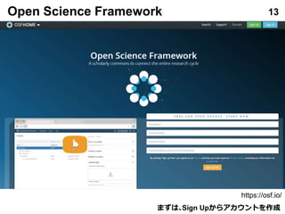 Open Science Framework 13
https://osf.io/
まずは､Sign Upからアカウントを作成
 
