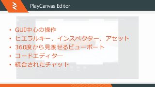 PlayCanvas Editor
• GUI中心の操作
• ヒエラルキー、インスペクター、アセット
• 360度から見渡せるビューポート
• コードエディタ―
• 統合されたチャット
 