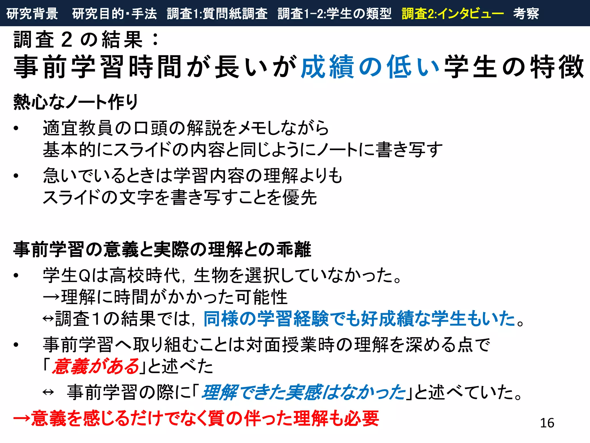 調査２の結果：
事前学習時間が長いが成績の低い学生の特徴
熱心なノート作り
• 適宜教員の口頭の解説をメモしながら
基本的にスライドの内容と同じようにノートに書き写す
• 急いでいるときは学習内容の理解よりも
スライドの文字を書き写すことを優先
事前学習の意義と実際の理解との乖離
• 学生Qは高校時代，生物を選択していなかった。
→理解に時間がかかった可能性
↔調査１の結果では，同様の学習経験でも好成績な学生もいた。
• 事前学習へ取り組むことは対面授業時の理解を深める点で
「意義がある」と述べた
↔ 事前学習の際に「理解できた実感はなかった」と述べていた。
→意義を感じるだけでなく質の伴った理解も必要 16
研究背景 研究目的・手法 調査1:質問紙調査 調査1-2:学生の類型 調査2:インタビュー 考察
 