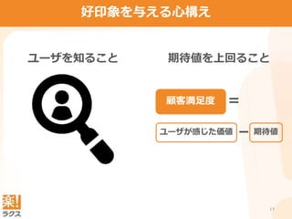 17
好印象を与える心構え
顧客満足度 ＝
ユーザが感じた価値 期待値－
ユーザを知ること 期待値を上回ること
 