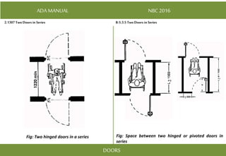 ADA MANUAL NBC 2016
B-5.3.5 Two Doors in Series
DOORS
2.1307 Two Doors in Series
Fig: Two hinged doors in a series Fig: Space between two hinged or pivoted doors in
series
 