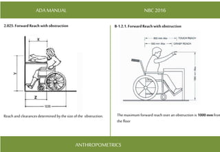 ADA MANUAL NBC 2016
ANTHROPOMETRICS
2.025.Forward Reach with obstruction B-1.2.1.Forward Reach with obstruction
Reach and clearancesdetermined by thesize of the obstruction. Themaximum forward reach over an obstruction is 1000mmfrom
the floor
 