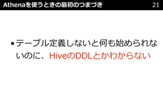 Athenaを使うときの最初のつまづき 21
•テーブル定義しないと何も始められな
いのに、HiveのDDLとかわからない
 
