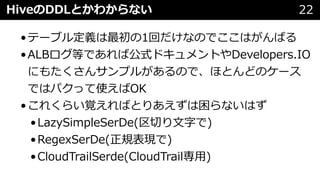 HiveのDDLとかわからない 22
•テーブル定義は最初の1回だけなのでここはがんばる
•ALBログ等であれば公式ドキュメントやDevelopers.IO
にもたくさんサンプルがあるので、ほとんどのケース
ではパクって使えばOK
•これくらい覚えればとりあえずは困らないはず
•LazySimpleSerDe(区切り⽂字で)
•RegexSerDe(正規表現で)
•CloudTrailSerde(CloudTrail専⽤)
 