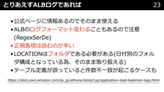 とりあえずALBログであれば 23
•公式ページに情報あるのでそのまま使える
•ALBのログフォーマット変わることもあるので注意
(RegexSerDe)
•正規表現は読むのが⾟い
•LOCATIONはフォルダである必要がある(⽇付別のフォル
ダ構成となっている為、そのまま取り扱える)
•テーブル定義が誤っていると件数不⼀致が起こるケースも
https://docs.aws.amazon.com/ja_jp/athena/latest/ug/application-load-balancer-logs.html
 
