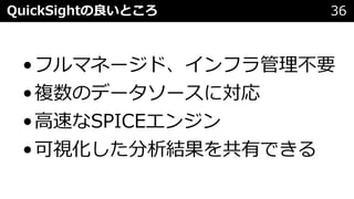 QuickSightの良いところ 36
•フルマネージド、インフラ管理不要
•複数のデータソースに対応
•⾼速なSPICEエンジン
•可視化した分析結果を共有できる
 