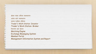 a|f]s/ Aofs clkm; Joj:yfkg
cfb]z dfu{ Joj:yfkg
;b:o P8ldg 6ld{gn
Trader's Work Station- Investor
Trader's Work Station- Broker
lgoGq0f js{ :6]zg
Matching Engine
Exchange Messaging System
Member Portal
Management Information System and Report
 