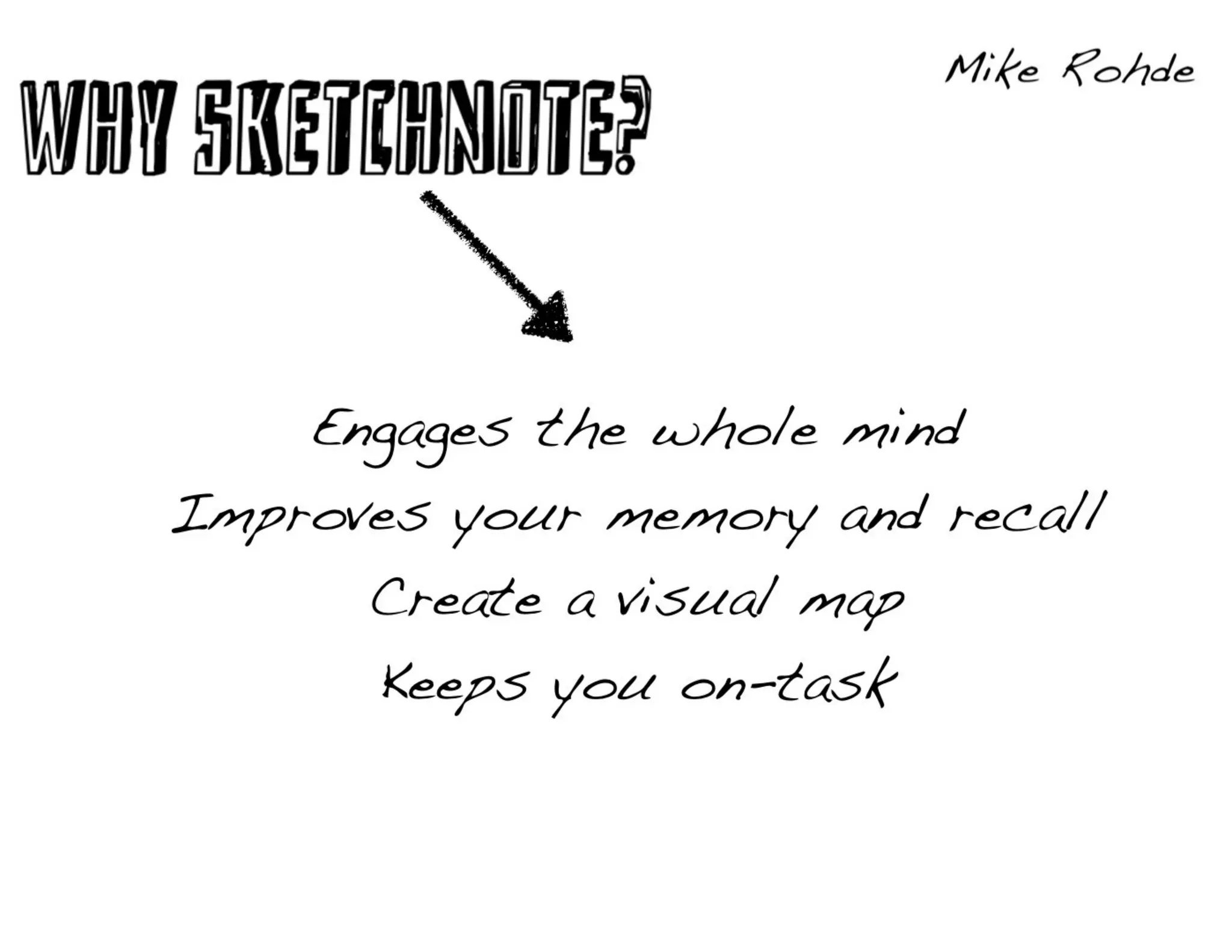 Engages the whole mind
Improves your memory and recall
Create a visual map
Keeps you on-task
 