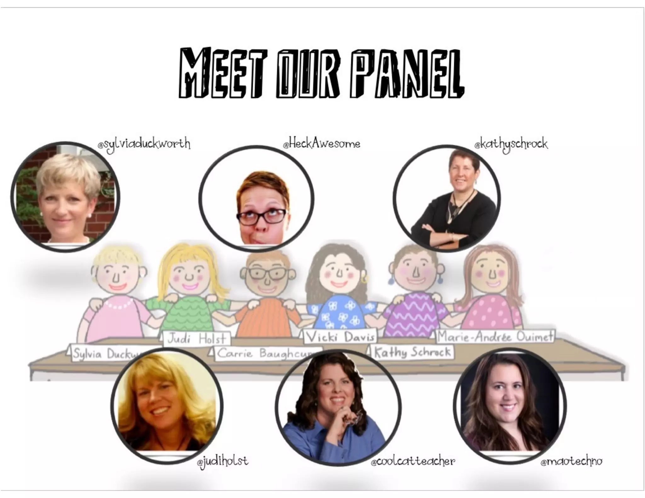 Meet our panel
@sylviaduckworth @HeckAwesome @kathyschrock
@judiholst @coolcatteacher @maotechno
 