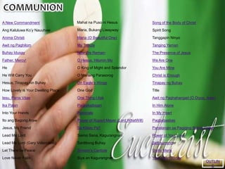 A New Commandment
Ang Kaluluwa Ko’y Nauuhaw
Anima Christi
Awit ng Paghilom
Father, Mercy!
He
He Will Carry You
How Lovely is Your Dwelling Place
Iesu, Panis Vitae
Ika Palan
Into Your Hands
The Presence of Jesus
Maria, Bukang Liwayway
Ito ang Bagong Araw
Jesus, My Friend
Lead Me Lord
Lead Me Lord (Gary Valenciano)
Let There be Peace
Love Never Fails
Mahal na Puso ni Hesus
Hesus, Tinapay nin Buhay
Maria (O Beautiful One)
My Tribute
Now We Remain
O Hesus, Hilumin Mo
O King of Might and Splendor
O Mariang Parasorog
On Eagle’s Wings
One God
One Thing I Ask
Pagkakaibigan
Pastorale
Prayer of Rupert Mayer (Lord,WhatWill)
Saimo Sana, Kagurangnan
Sanlibong Buhay
Simeon’s Canticle
Siya an Kagurangnan
Song of the Body of Christ
Spirit Song
We Are One
You Are Mine
Christ is Enough
Tinapay ng Buhay
Title
Awit ng Paghahangad (O Diyos, Ikaw)
In Him Alone
In My Heart
Pagbabasbas
Panalangin sa Pagiging Bukas-Palad
Power of Your Love
Self-surrender
Stella Maris
Your Heart Today
Sa Kiisay Pa?
Buhay Idusay
Tanggapin Ninyo
Tanging Yaman
OUTLIN
E
 