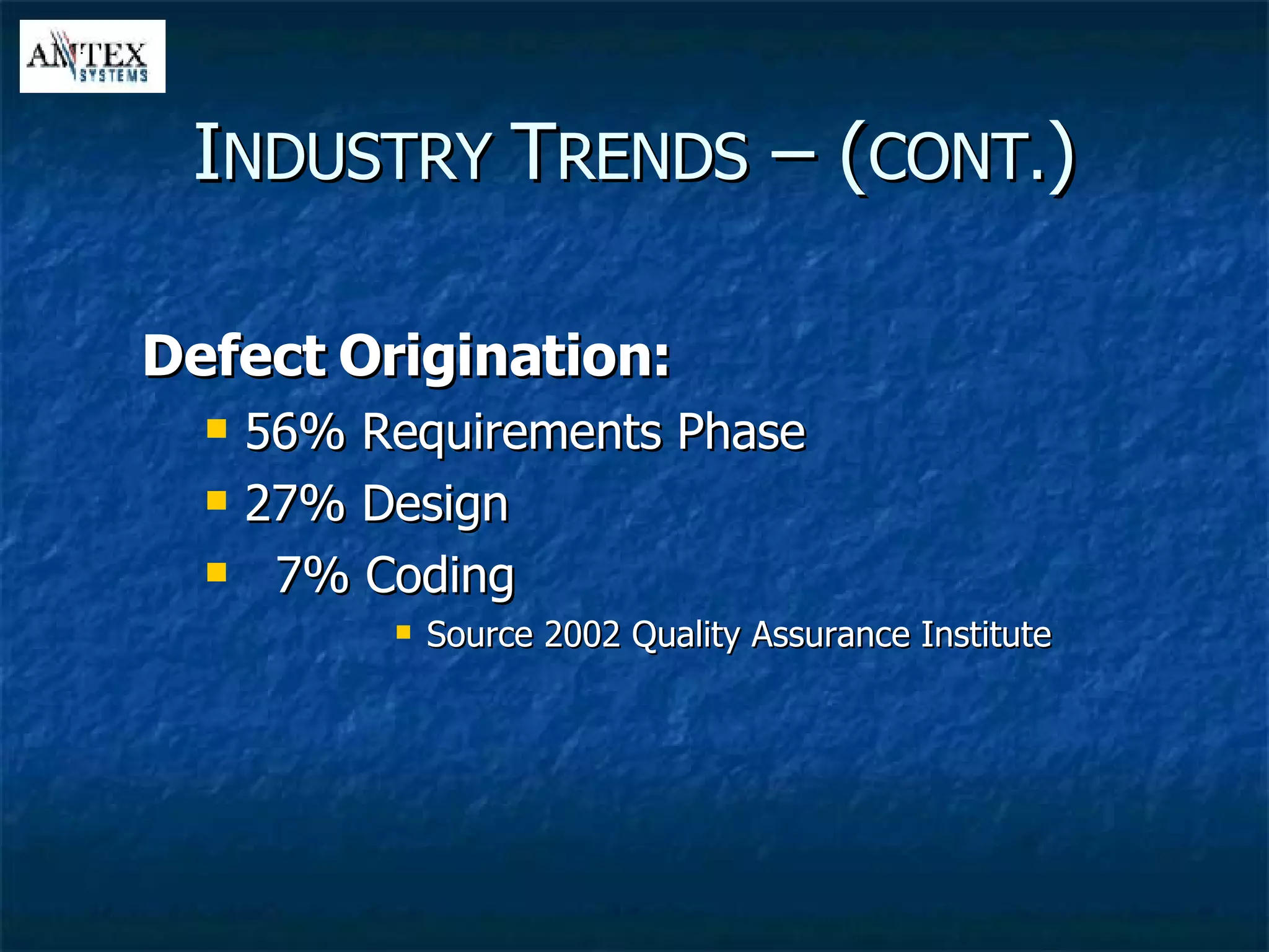 I NDUSTRY  T RENDS  – ( CONT. ) Defect Origination: 56% Requirements Phase 27% Design 7% Coding Source 2002 Quality Assurance Institute 