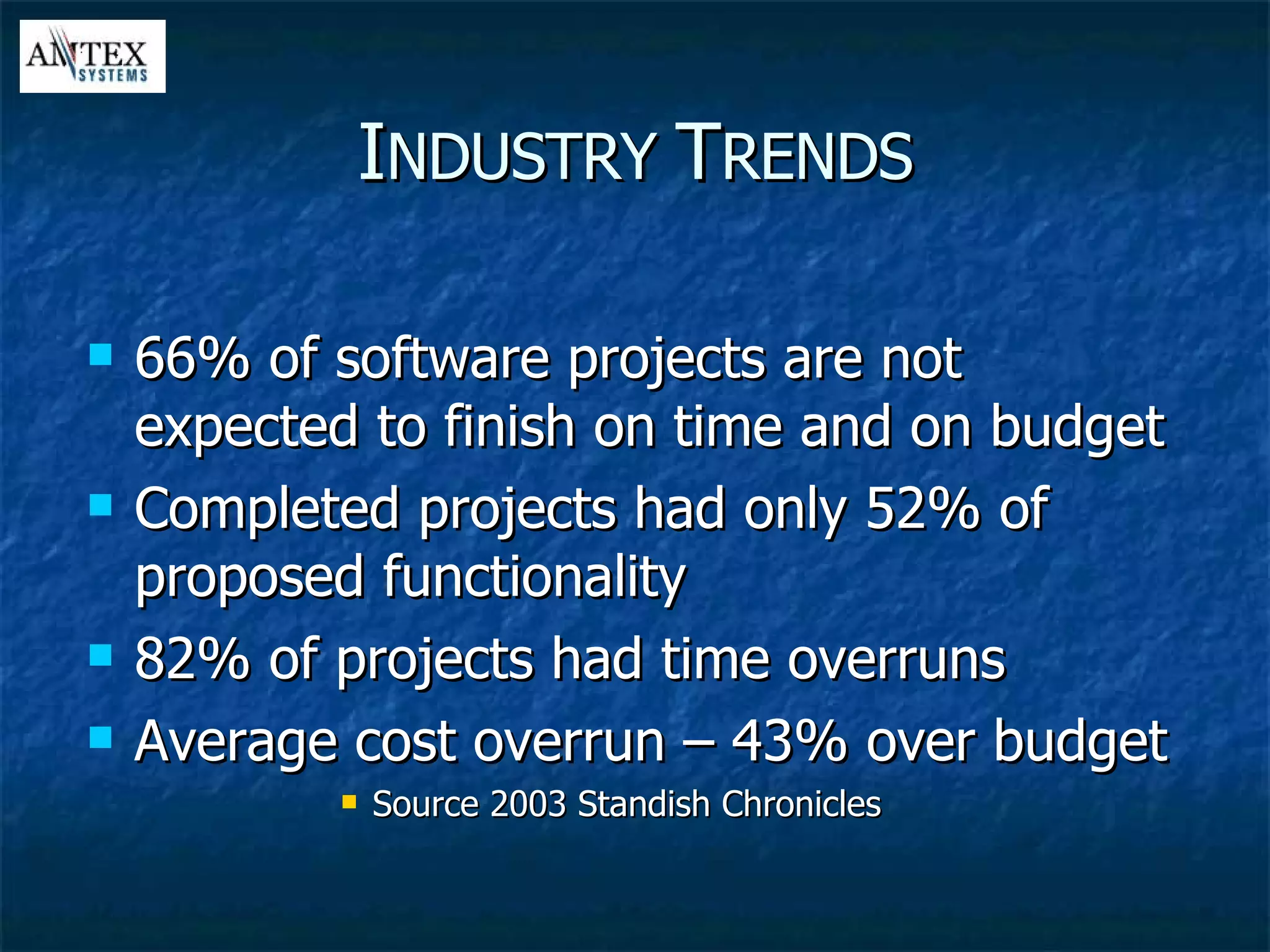 I NDUSTRY  T RENDS 66% of software projects are not expected to finish on time and on budget Completed projects had only 52% of proposed functionality 82% of projects had time overruns Average cost overrun – 43% over budget Source 2003 Standish Chronicles 