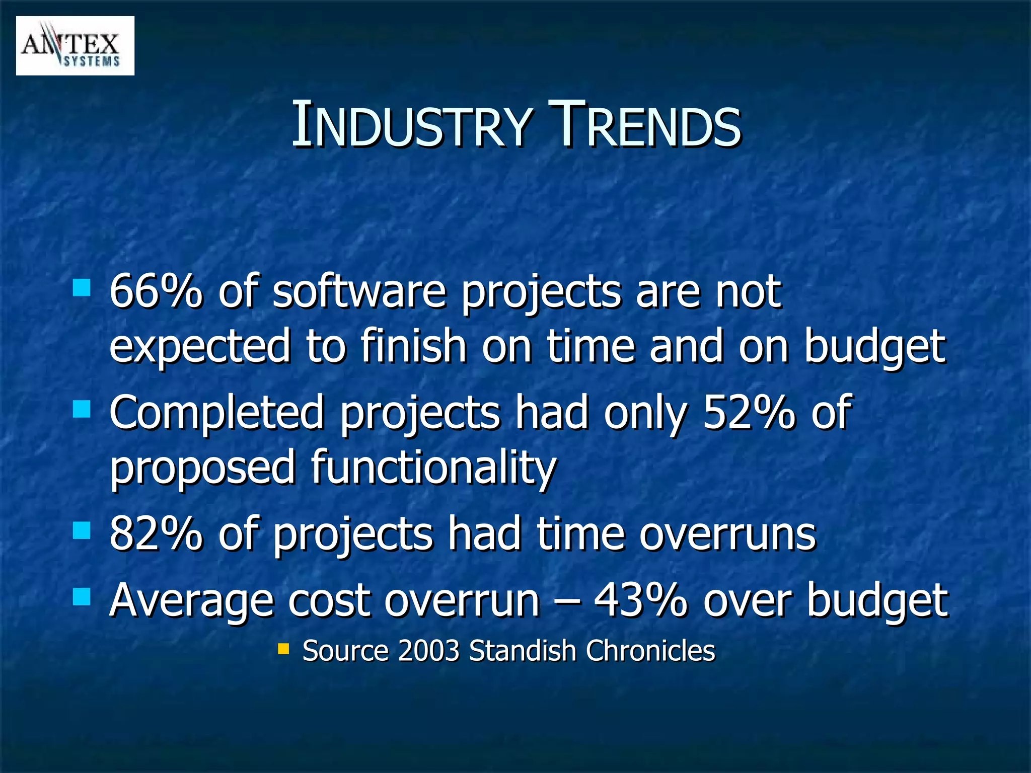 I NDUSTRY  T RENDS 66% of software projects are not expected to finish on time and on budget Completed projects had only 52% of proposed functionality 82% of projects had time overruns Average cost overrun – 43% over budget Source 2003 Standish Chronicles 