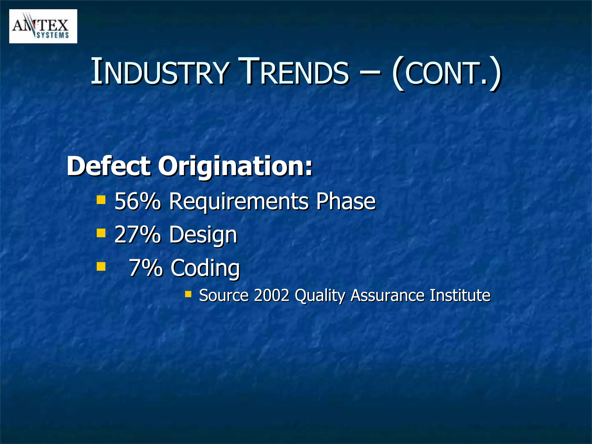 I NDUSTRY  T RENDS  – ( CONT. ) Defect Origination: 56% Requirements Phase 27% Design 7% Coding Source 2002 Quality Assurance Institute 