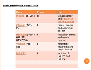 15
PARP Inhibitors in clinical trials
Drug Phase Use
Iniparib (BSI 201) III Breast cancer
and squamous
cell lung cancer.
Olaparib (AZD-
2281)
II breast, ovarian
and colorectal
cancer
Rucaparib(AG014
699, PF-
01367338)
II metastatic breast
and ovarian
cancer
Veliparib (ABT-
888)
II metastatic
melanoma and
breast cancer.
MK 4827 I Inhibitor of
PARP1 and
PARP2
 