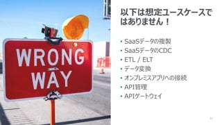 32
以下は想定ユースケースで
はありません！
• SaaSデータの複製
• SaaSデータのCDC
• ETL / ELT
• データ変換
• オンプレミスアプリへの接続
• API管理
• APIゲートウェイ
 