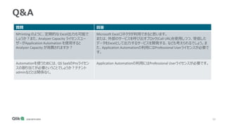 50
Q&A
質問 回答
NPrinting のように、定期的な Excel出力も可能で
しょうか？また、Analyzer Capacity ライセンスユー
ザーがApplication Automation を使用すると
Analyzer Capacity が消費されますか？
Microsoft Excelコネクタが利用できると思います。
または、外部のサービスを呼び出すブロック(Call URL)を使用しつつ、受信した
データをExcelとして出力するサービスを開発する、なども考えられるでしょう。ま
た、Application Automationの利用にはProfessional Userライセンスが必要で
す。
Automationを使うためには、QS SaaSのProライセン
スの割り当てが必要ということでしょうか？テナント
adminなどとは関係なく。
Application Automationの利用にはProfessional Userライセンスが必要です。
 