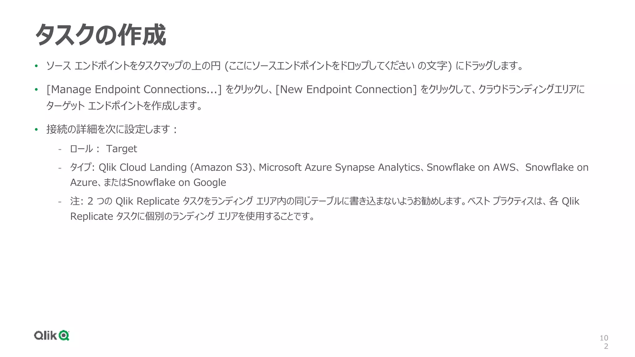10
2
タスクの作成
• ソース エンドポイントをタスクマップの上の円 (ここにソースエンドポイントをドロップしてください の文字) にドラッグします。
• [Manage Endpoint Connections...] をクリックし、[New Endpoint Connection] をクリックして、クラウドランディングエリアに
ターゲット エンドポイントを作成します。
• 接続の詳細を次に設定します：
- ロール： Target
- タイプ: Qlik Cloud Landing (Amazon S3)、Microsoft Azure Synapse Analytics、Snowflake on AWS、 Snowflake on
Azure、またはSnowflake on Google
- 注: 2 つの Qlik Replicate タスクをランディング エリア内の同じテーブルに書き込まないようお勧めします。ベスト プラクティスは、各 Qlik
Replicate タスクに個別のランディング エリアを使用することです。
 