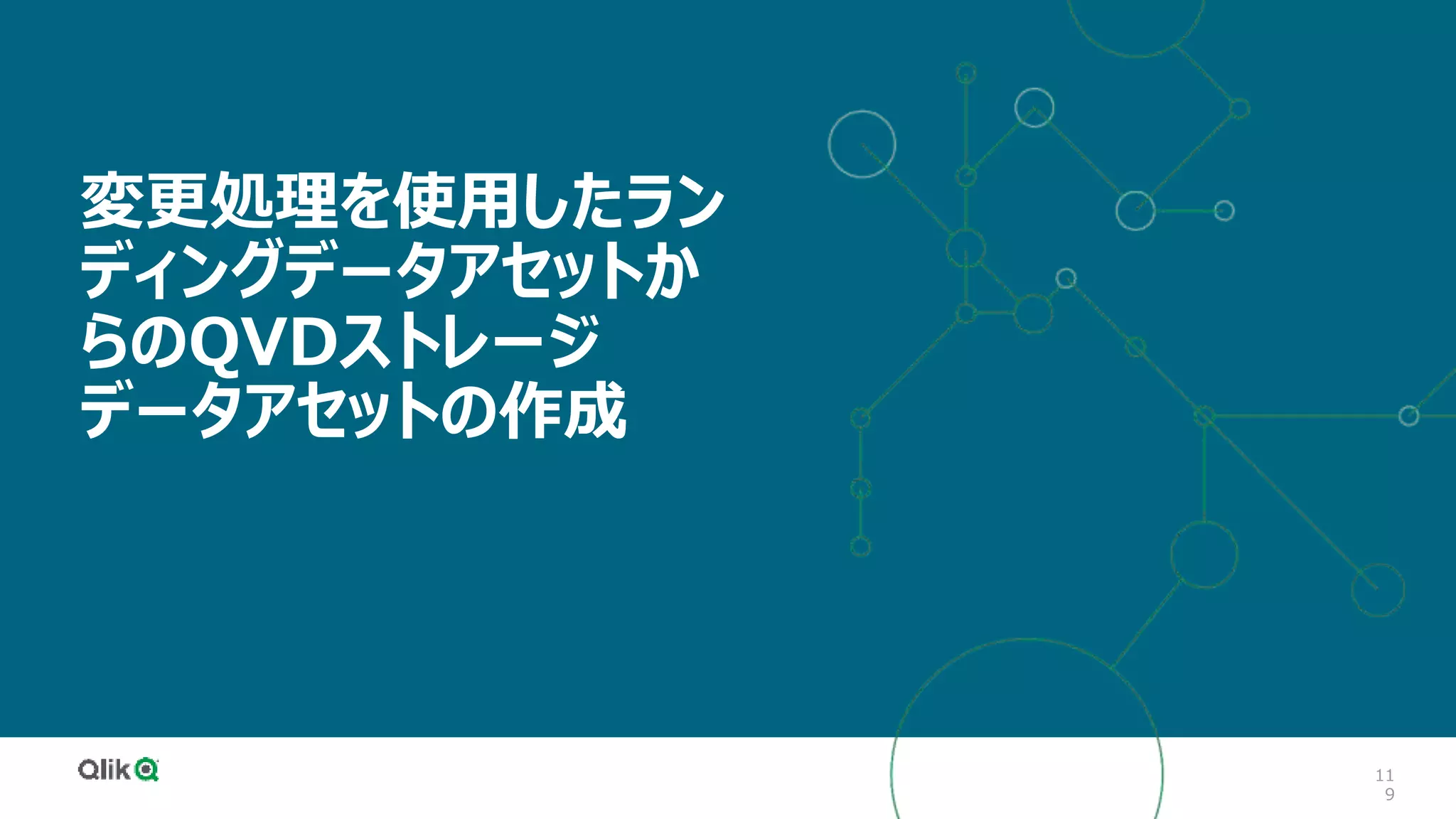 11
9
変更処理を使用したラン
ディングデータアセットか
らのQVDストレージ
データアセットの作成
 