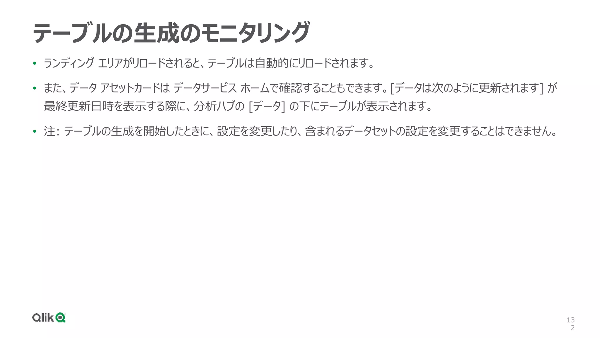 13
2
テーブルの生成のモニタリング
• ランディング エリアがリロードされると、テーブルは自動的にリロードされます。
• また、データ アセットカードは データサービス ホームで確認することもできます。[データは次のように更新されます] が
最終更新日時を表示する際に、分析ハブの [データ] の下にテーブルが表示されます。
• 注: テーブルの生成を開始したときに、設定を変更したり、含まれるデータセットの設定を変更することはできません。
 