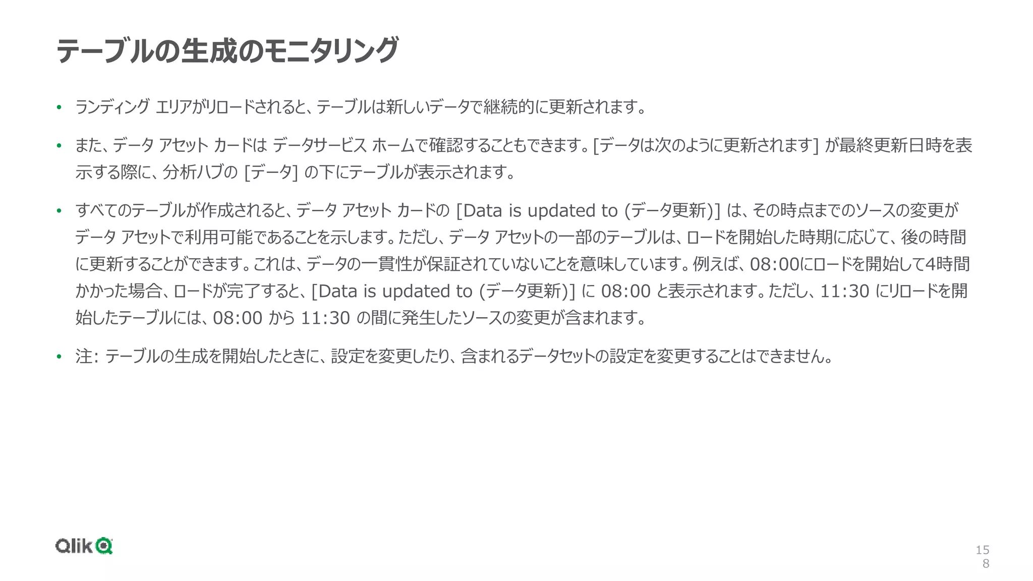 15
8
テーブルの生成のモニタリング
• ランディング エリアがリロードされると、テーブルは新しいデータで継続的に更新されます。
• また、データ アセット カードは データサービス ホームで確認することもできます。[データは次のように更新されます] が最終更新日時を表
示する際に、分析ハブの [データ] の下にテーブルが表示されます。
• すべてのテーブルが作成されると、データ アセット カードの [Data is updated to (データ更新)] は、その時点までのソースの変更が
データ アセットで利用可能であることを示します。ただし、データ アセットの一部のテーブルは、ロードを開始した時期に応じて、後の時間
に更新することができます。これは、データの一貫性が保証されていないことを意味しています。例えば、08:00にロードを開始して4時間
かかった場合、ロードが完了すると、[Data is updated to (データ更新)] に 08:00 と表示されます。ただし、11:30 にリロードを開
始したテーブルには、08:00 から 11:30 の間に発生したソースの変更が含まれます。
• 注: テーブルの生成を開始したときに、設定を変更したり、含まれるデータセットの設定を変更することはできません。
 