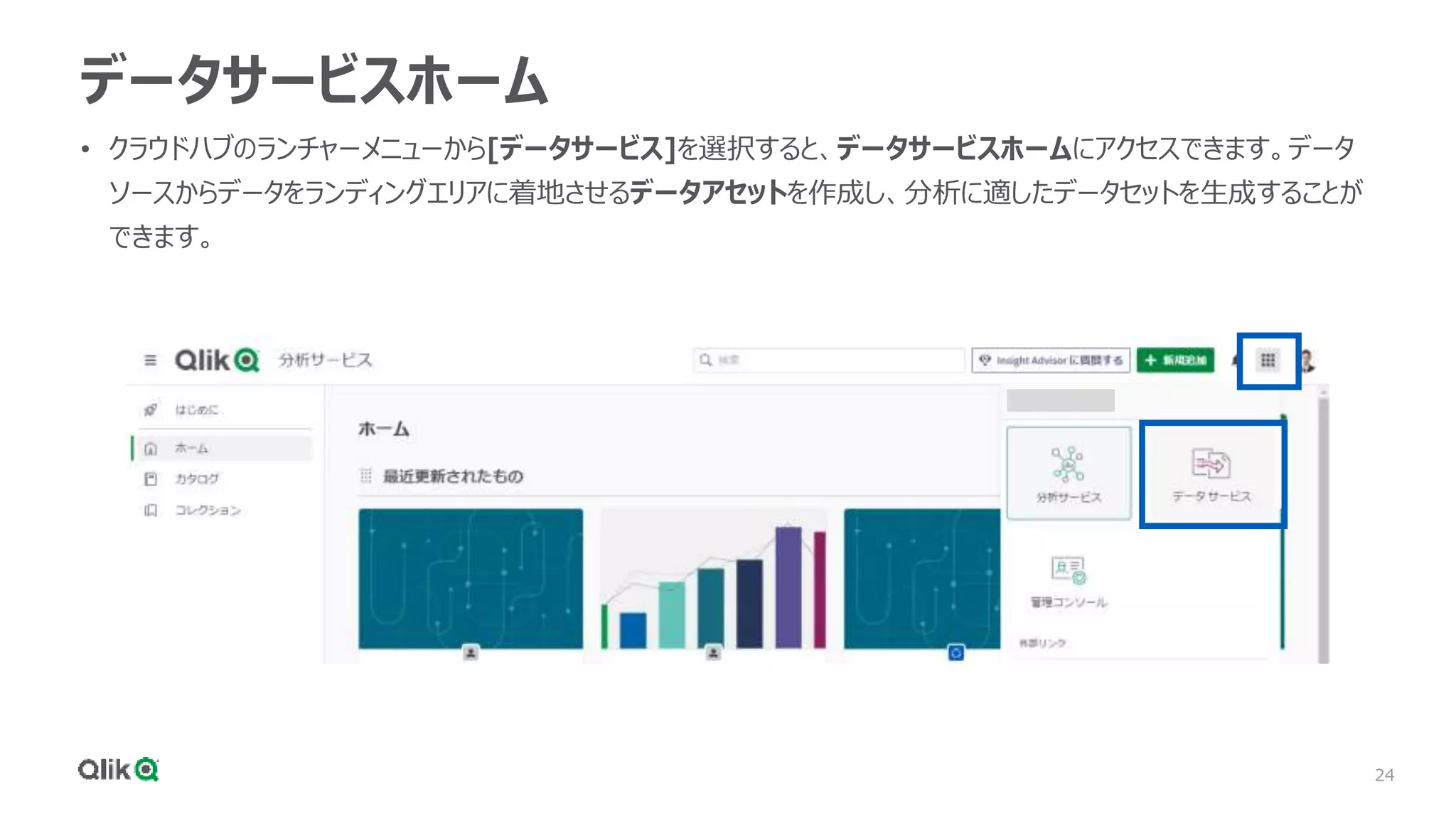 24
データサービスホーム
• クラウドハブのランチャーメニューから[データサービス]を選択すると、データサービスホームにアクセスできます。データ
ソースからデータをランディングエリアに着地させるデータアセットを作成し、分析に適したデータセットを生成することが
できます。
 