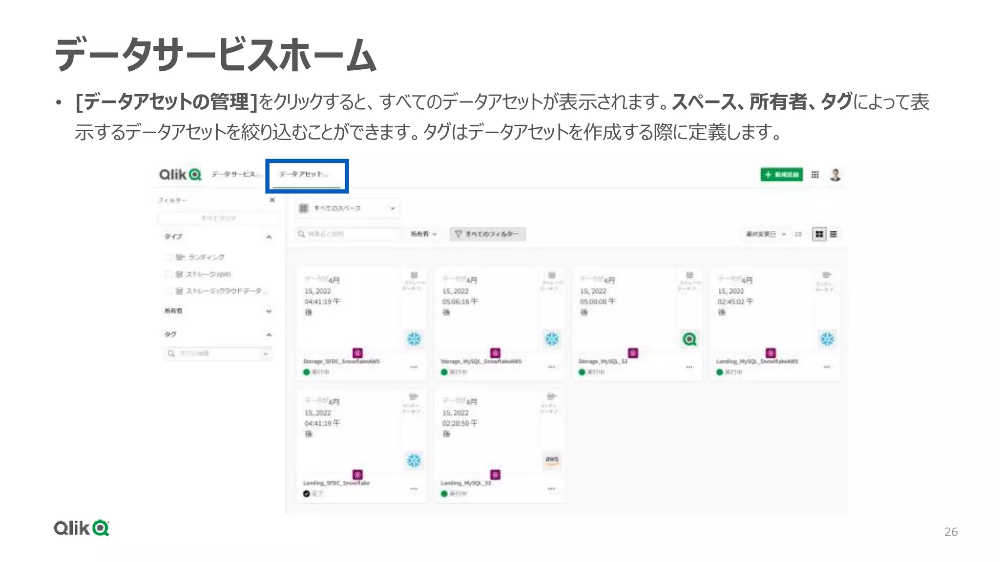 26
データサービスホーム
• [データアセットの管理]をクリックすると、すべてのデータアセットが表示されます。スペース、所有者、タグによって表
示するデータアセットを絞り込むことができます。タグはデータアセットを作成する際に定義します。
 