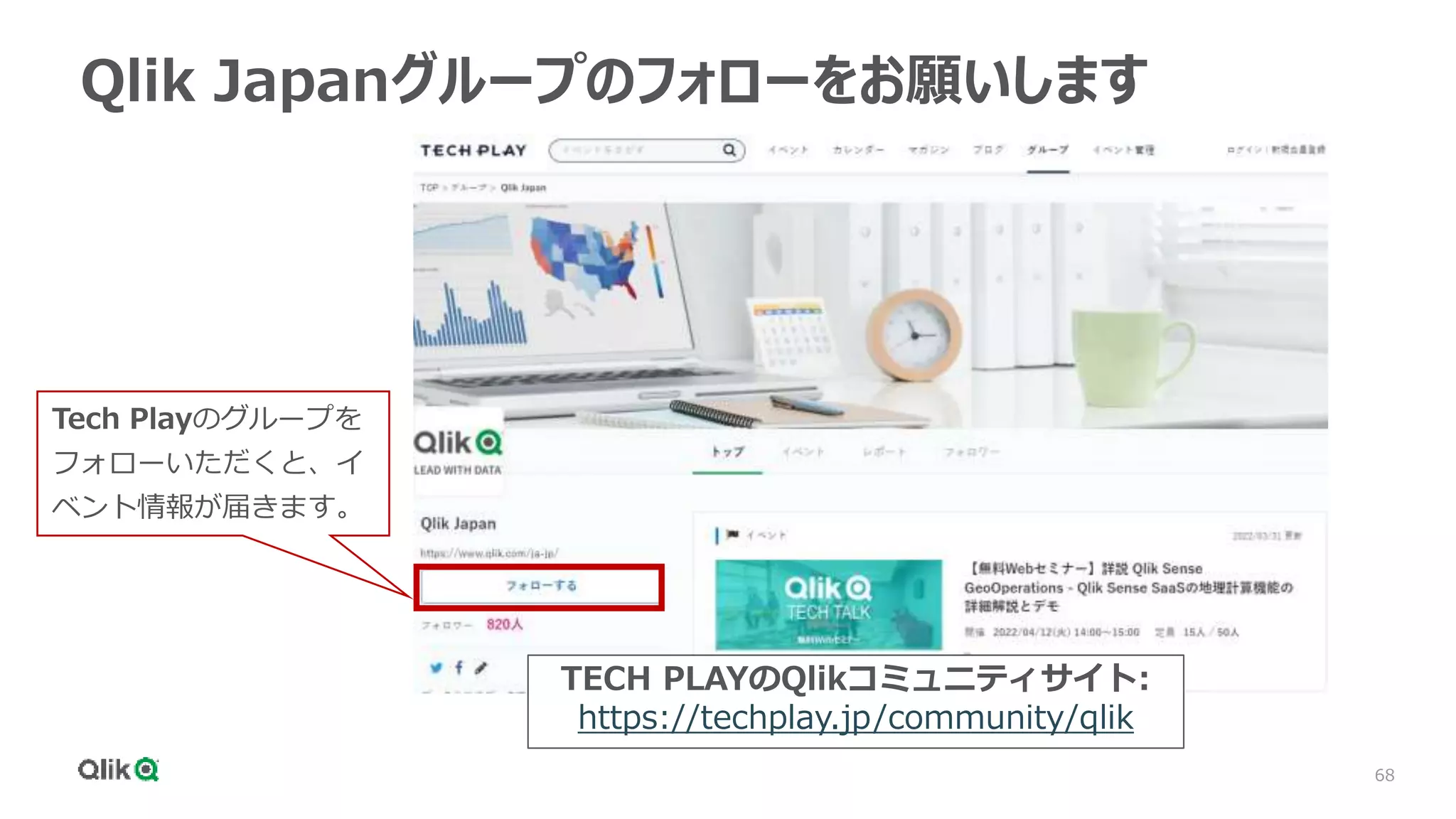 68
Qlik Japanグループのフォローをお願いします
Tech Playのグループを
フォローいただくと、イ
ベント情報が届きます。
TECH PLAYのQlikコミュニティサイト:
https://techplay.jp/community/qlik
 